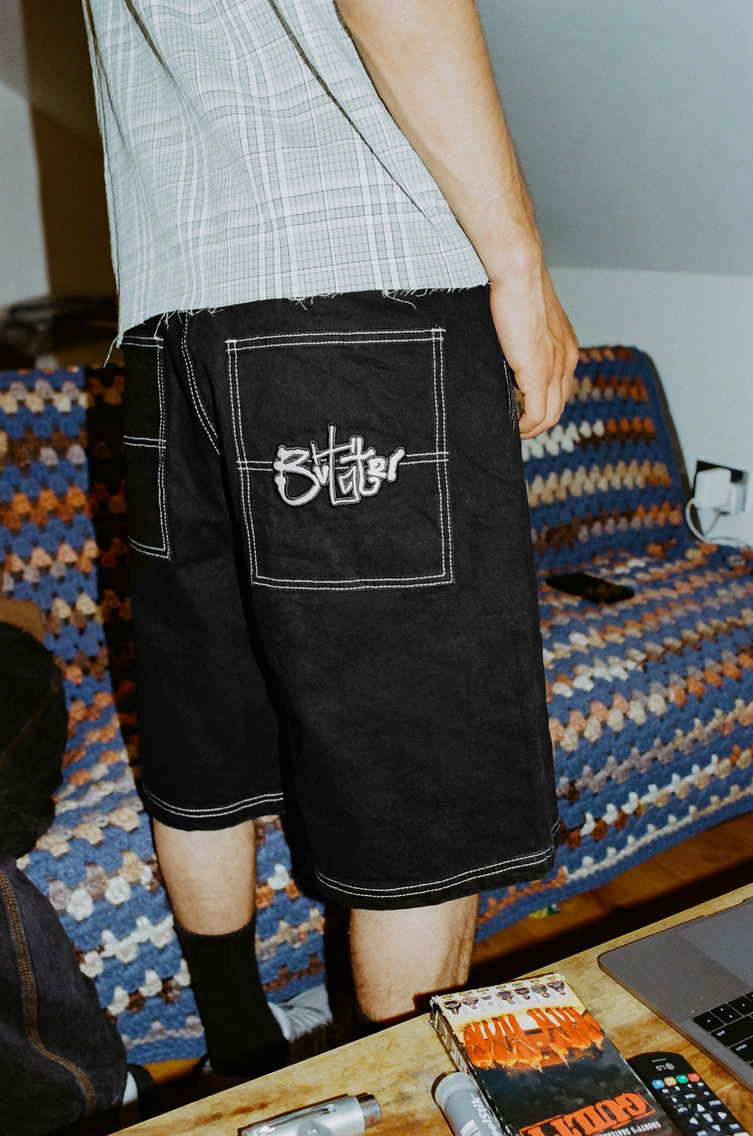 Scribble Denim Shorts, Washed Black