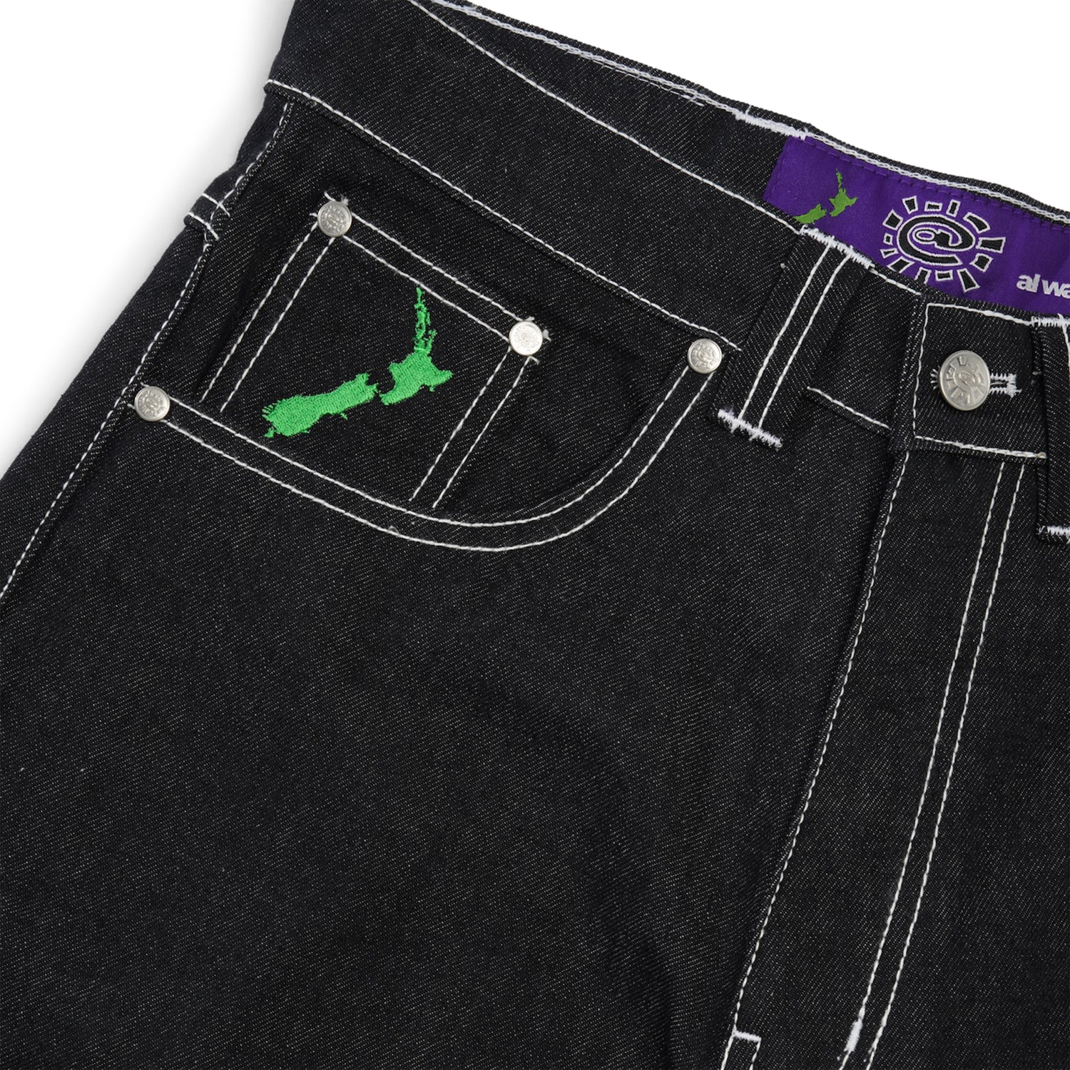 Back Pocket Print Denim Shorts, Black