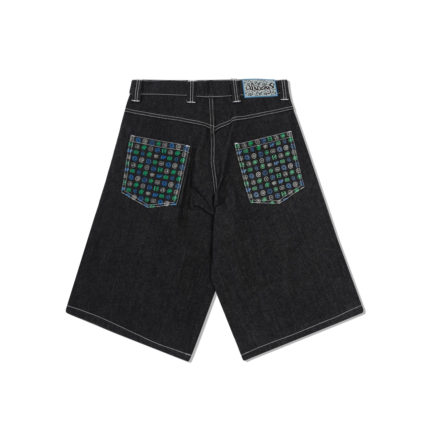 Back Pocket Print Denim Shorts, Black