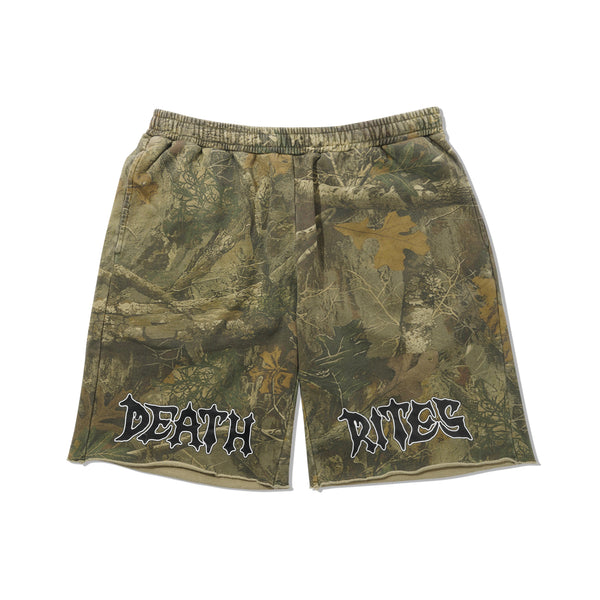 Death Rites Script Cut-Off Sweat Shorts, Tree Camo