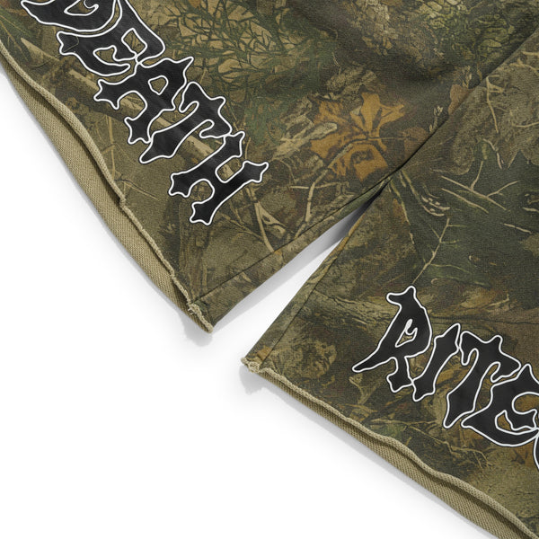 Death Rites Script Cut-Off Sweat Shorts, Tree Camo