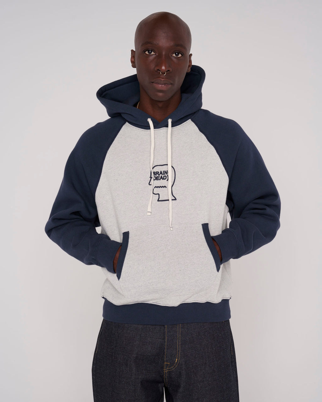 Fleece Logo Head Raglan Hood, Oatmeal Navy