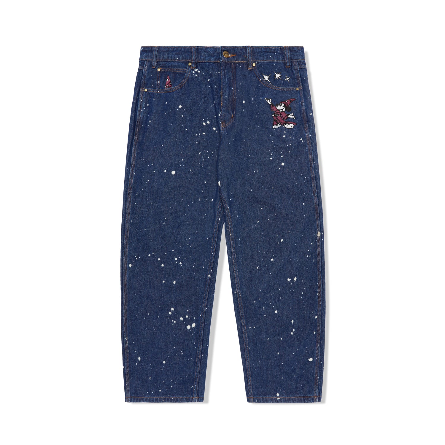 Fantasia Baggy Denim Jeans, Dark Indigo Bleach Splatter
