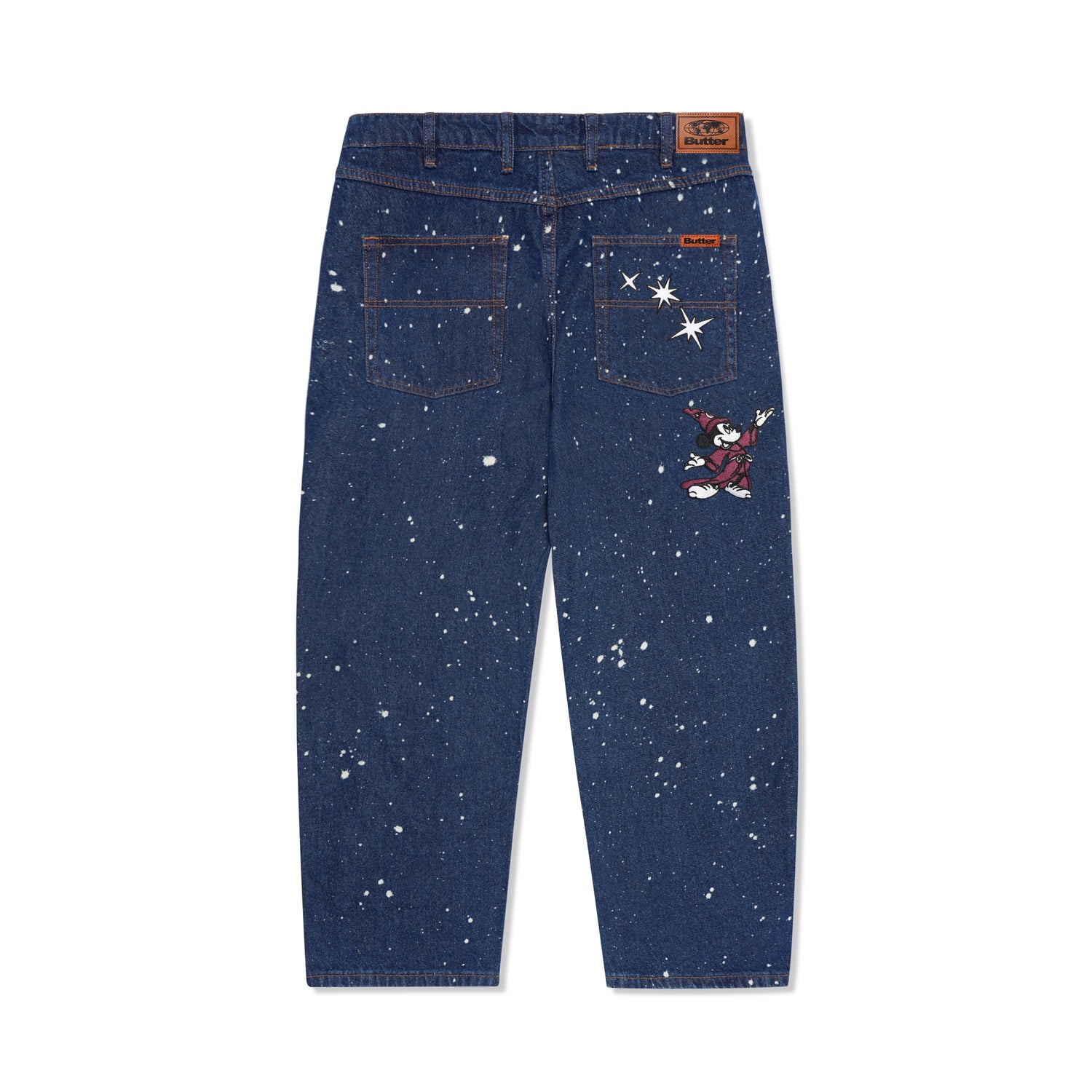 Fantasia Baggy Denim Jeans, Dark Indigo Bleach Splatter