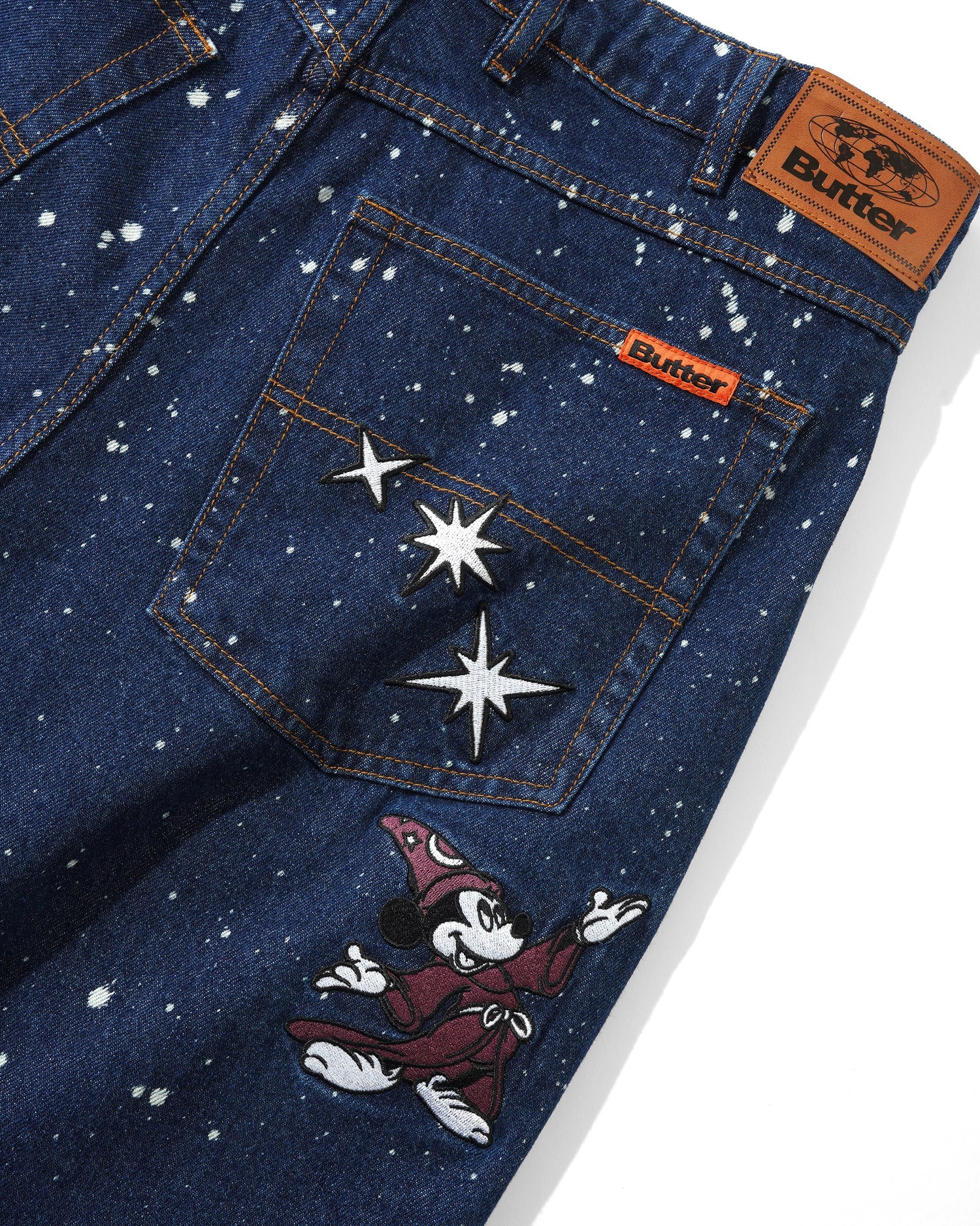 Fantasia Baggy Denim Jeans, Dark Indigo Bleach Splatter