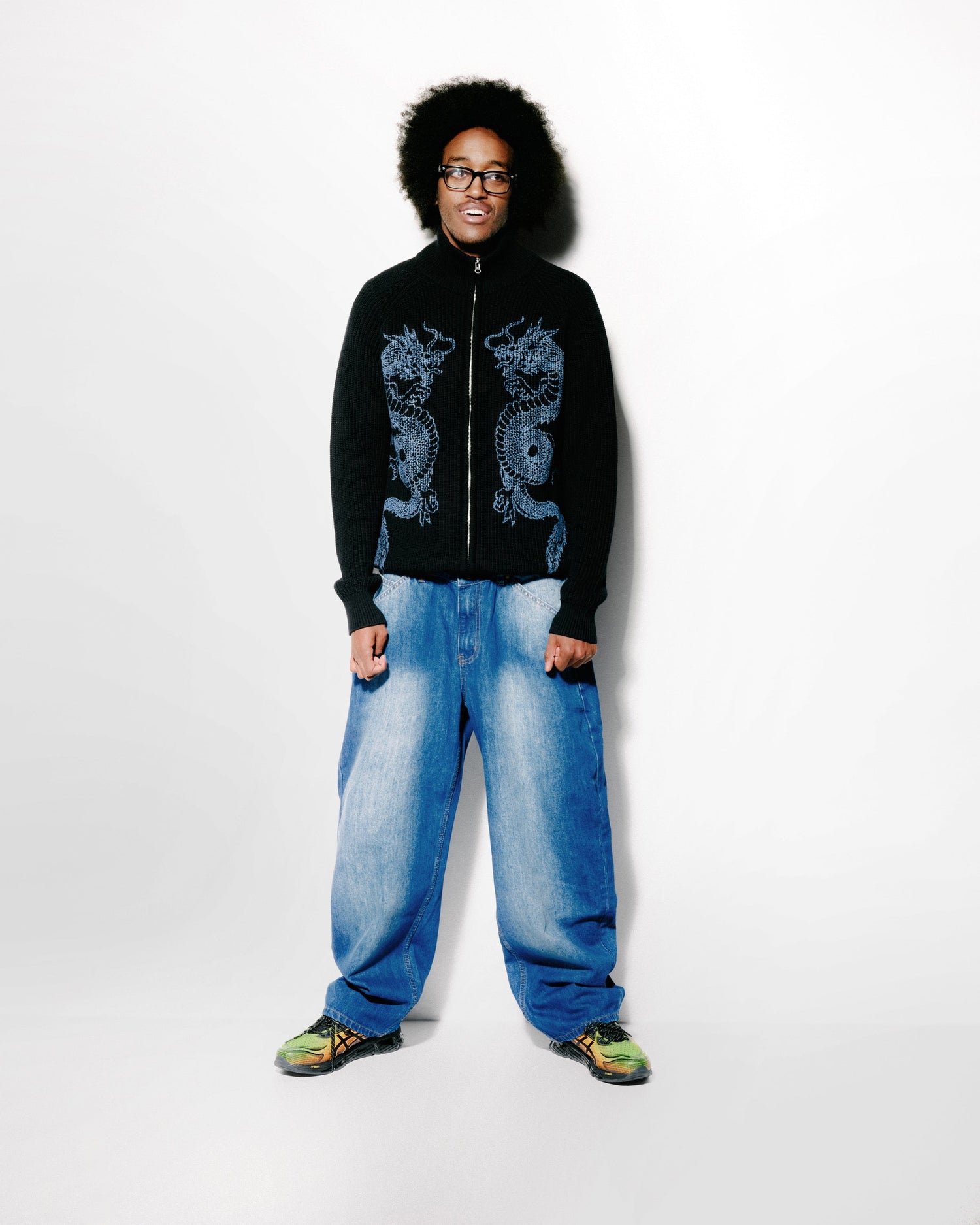 Dragon Zip-Thru Knit Sweater, Black