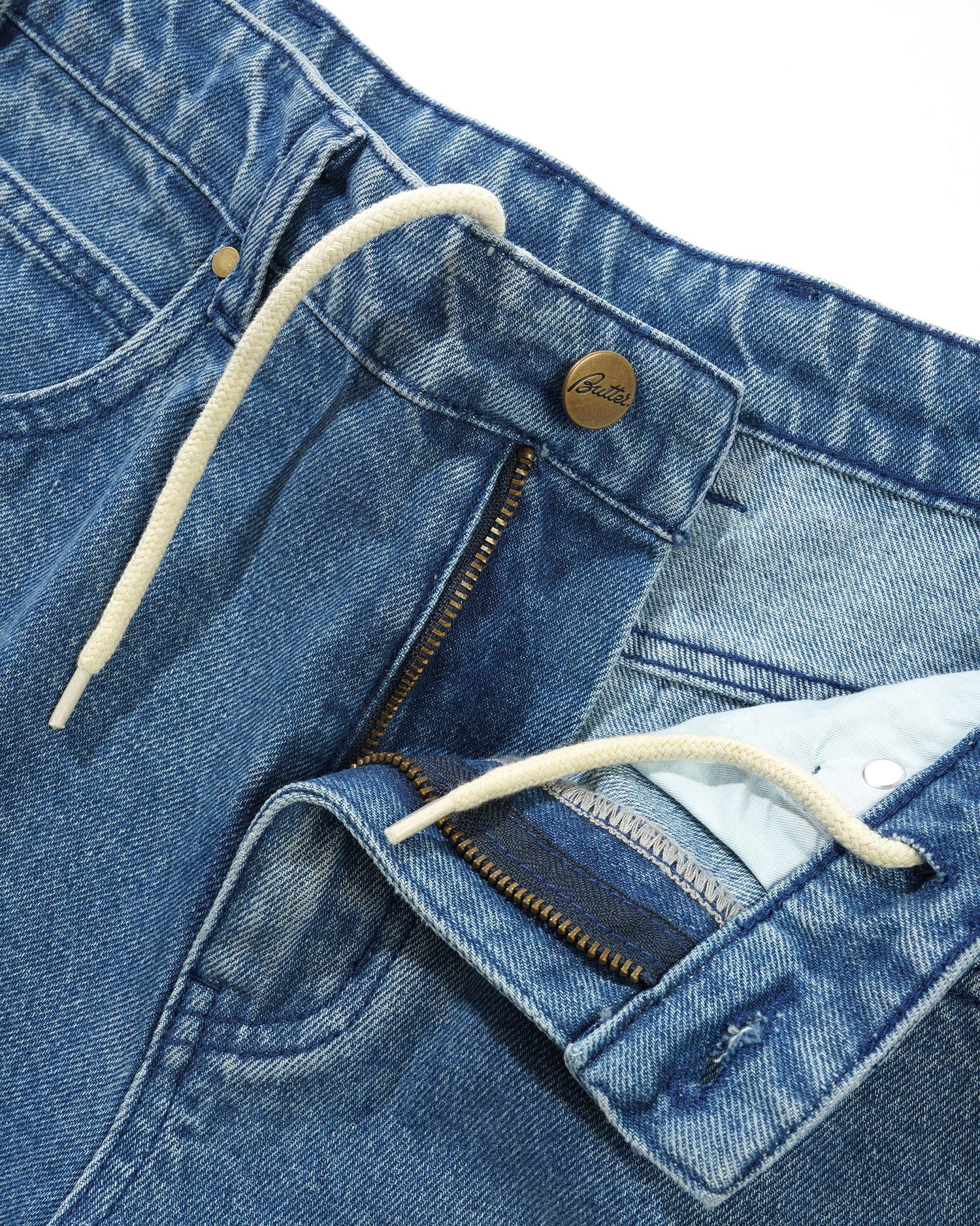 Straight Leg Denim Jeans, Distressed Indigo