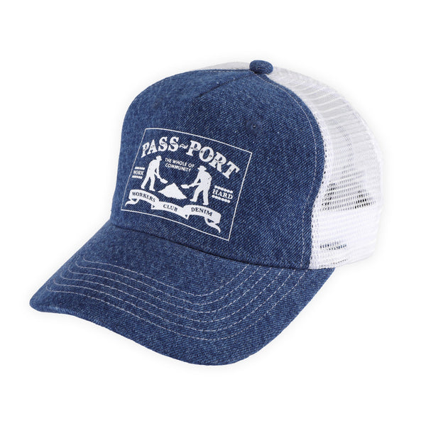 Pass~Port Workers club denim Packers Trucker Hat, Washed Dark Indigo