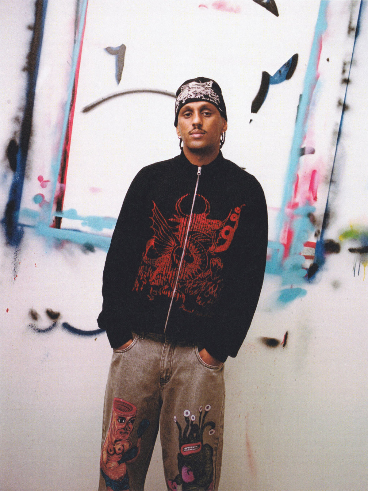 Dragon Knit Zip-Thru Sweater, Black / Red