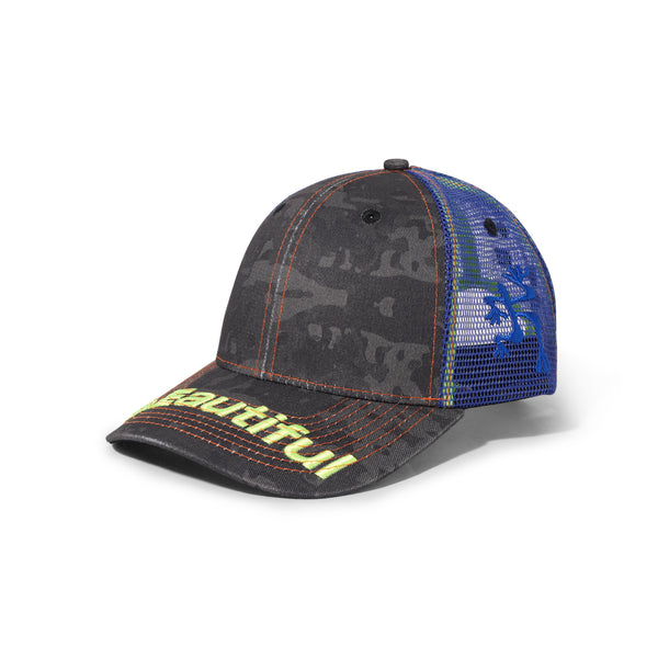 b.Eautiful Soto Trucker Hat, Black Camo / Blue