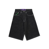 Back Pocket Print Denim Shorts, Black