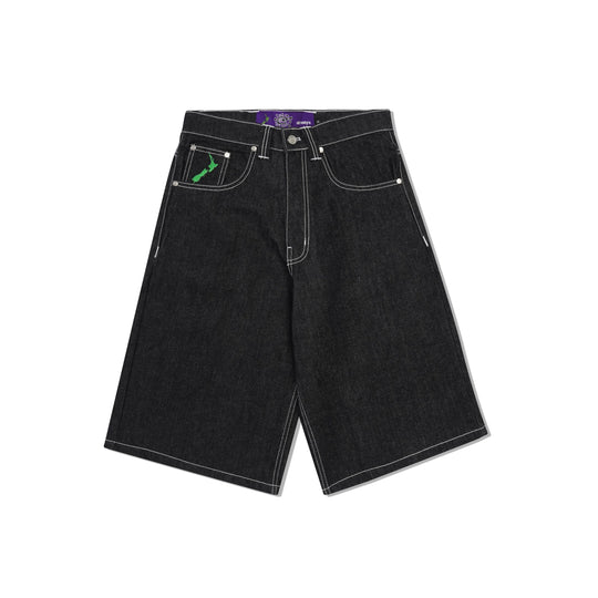 Back Pocket Print Denim Shorts, Black