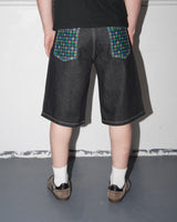 Back Pocket Print Denim Shorts, Black