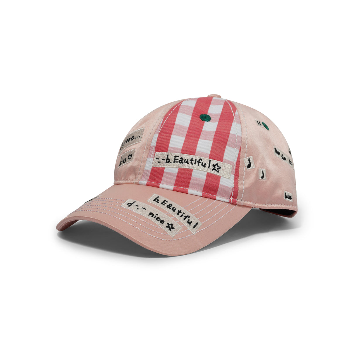 Shoma Mitani Kiss <3 6 Panel Hat, Pink Satin / Red Checker