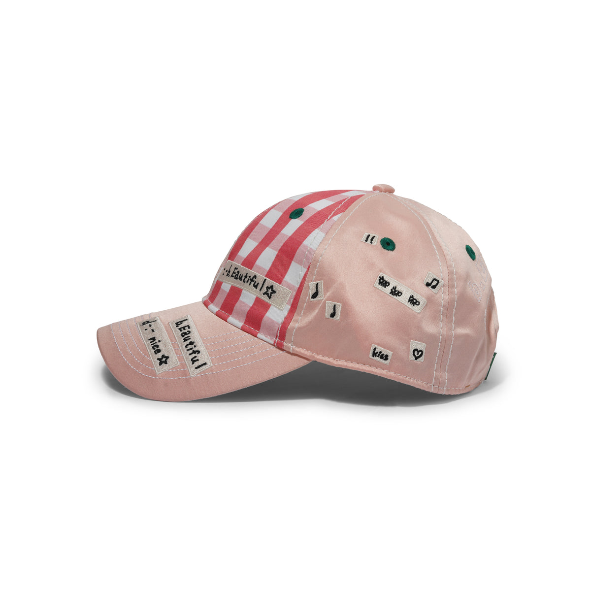 Shoma Mitani Kiss <3 6 Panel Hat, Pink Satin / Red Checker