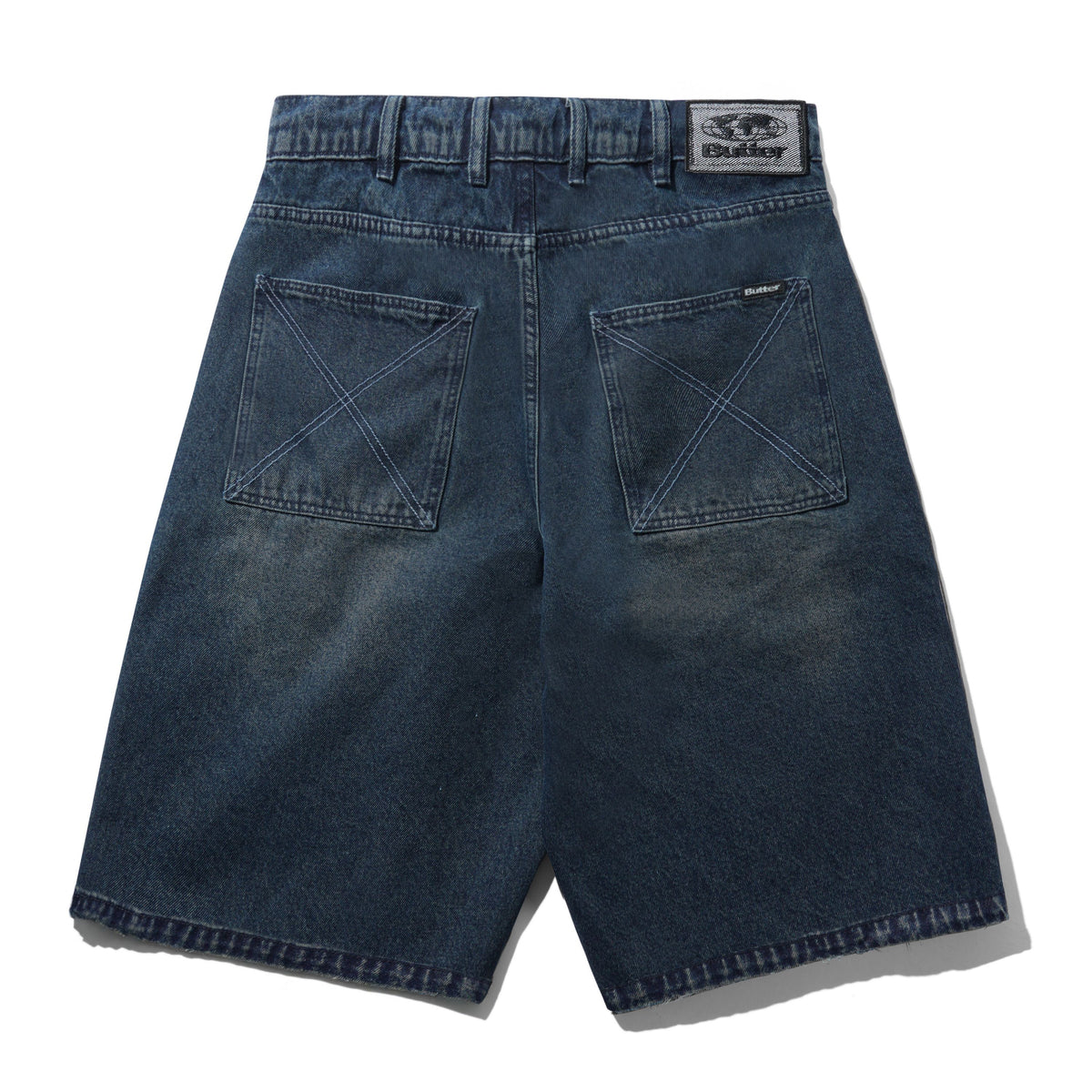 Distressed Big Denim Shorts, Washed Dark Blue