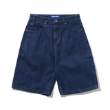 Drummer Baggy Denim Shorts, Raw Dark Indigo