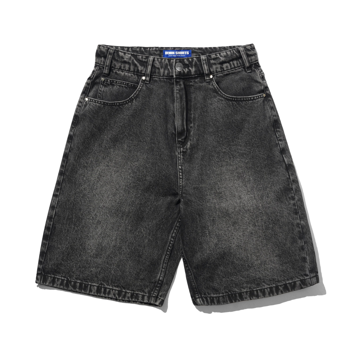 Drummer Baggy Denim Shorts, Streaky Black