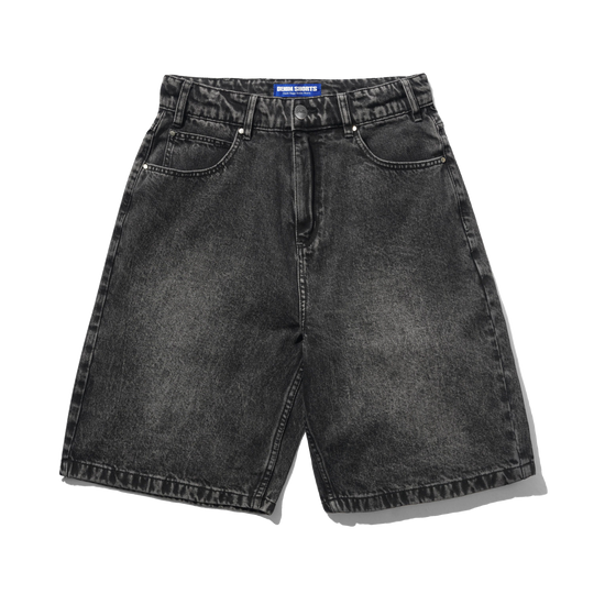 Drummer Baggy Denim Shorts, Streaky Black