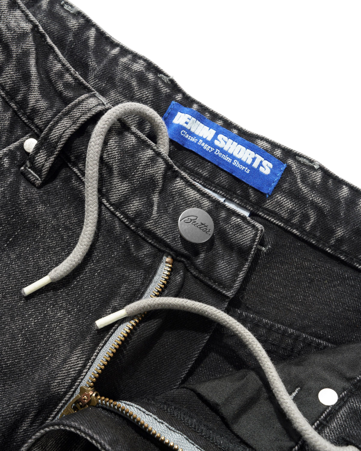 Drummer Baggy Denim Shorts, Streaky Black