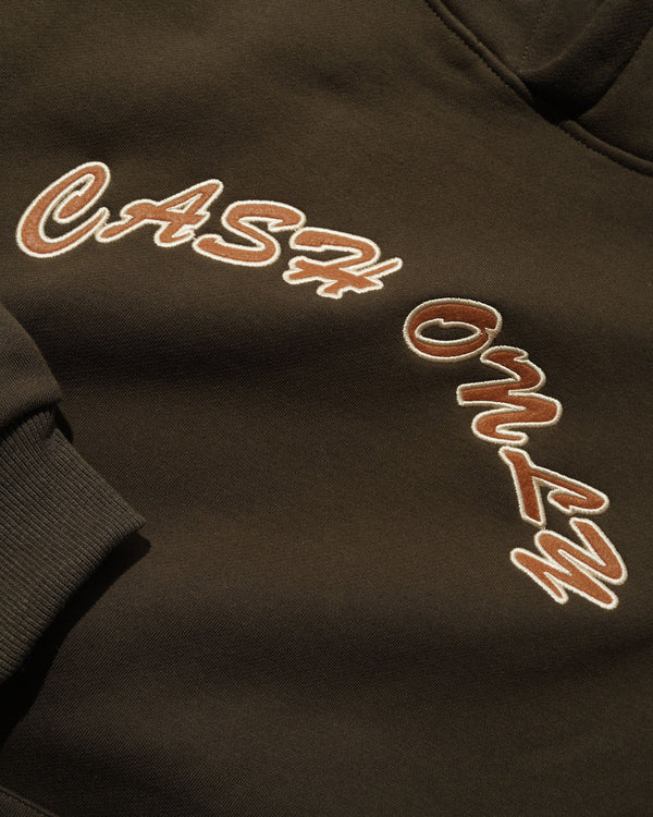 Cash Only Felt Applique Logo Pullover Hood, Brown