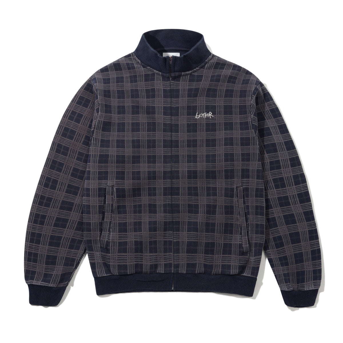 Funnel Neck Waffle Zip-Thru, Navy Plaid