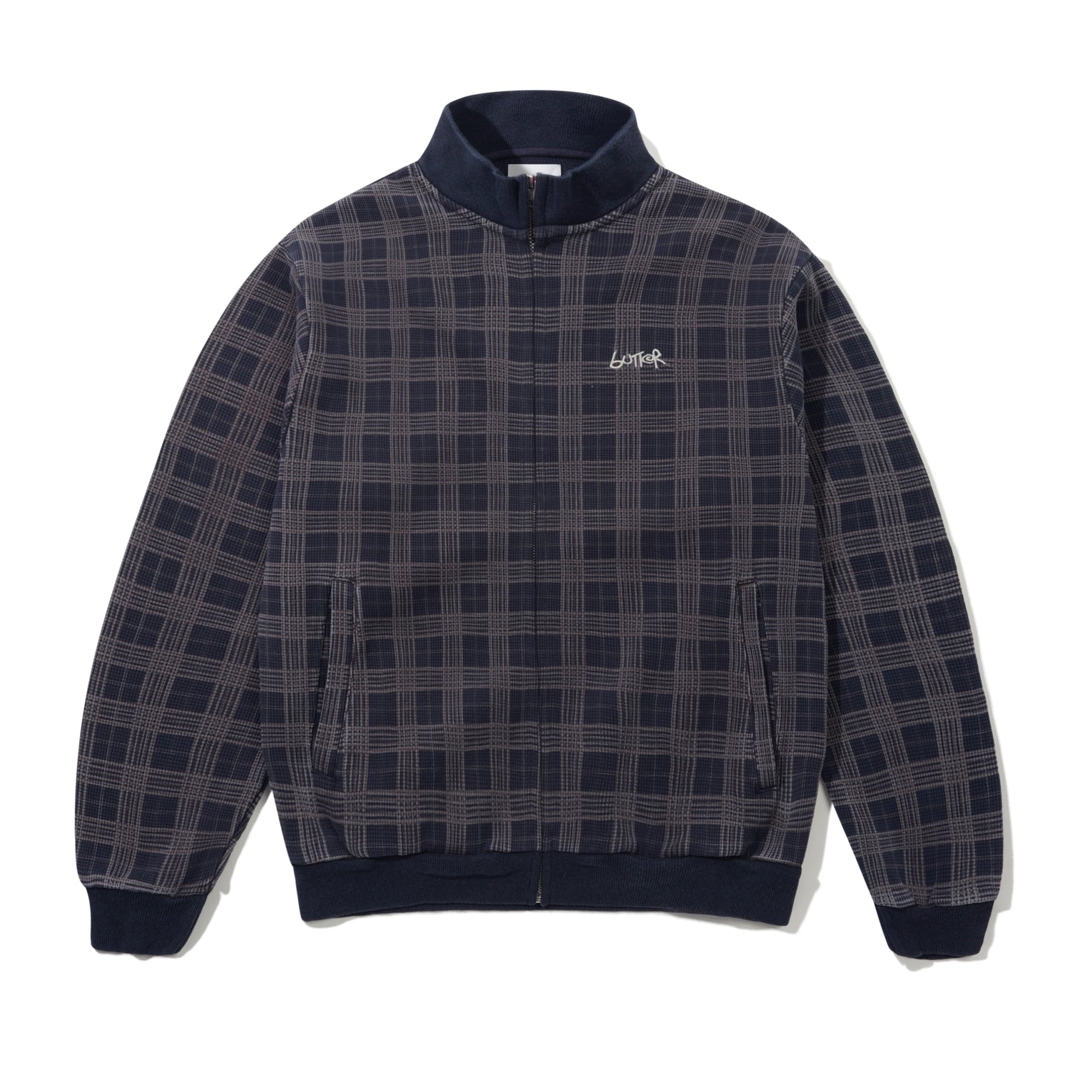 Funnel Neck Waffle Zip-Thru, Navy Plaid