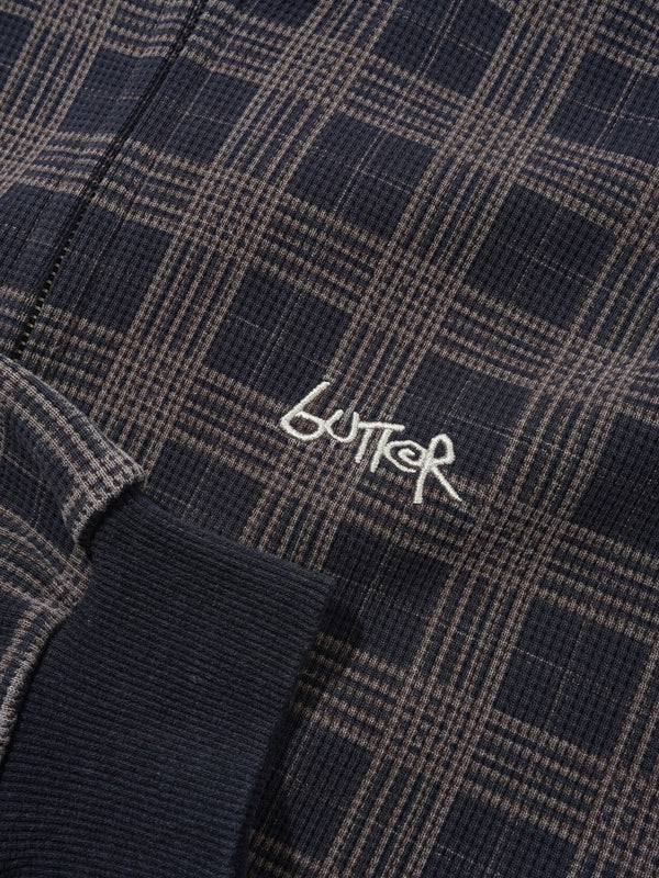 Butter Goods Funnel Neck Waffle Zip-Thru, Navy Plaid
