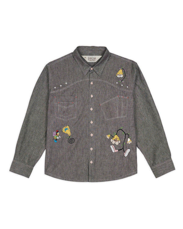 Brain Dead Garden Party Chambray Button Up Shirt, Grey