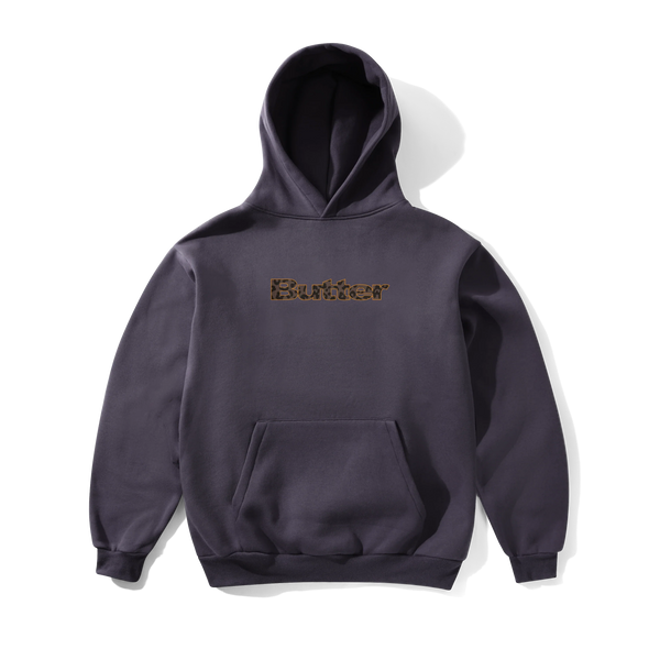 Butter Goods Leopard Print Logo Pullover Hood, Lead Blue