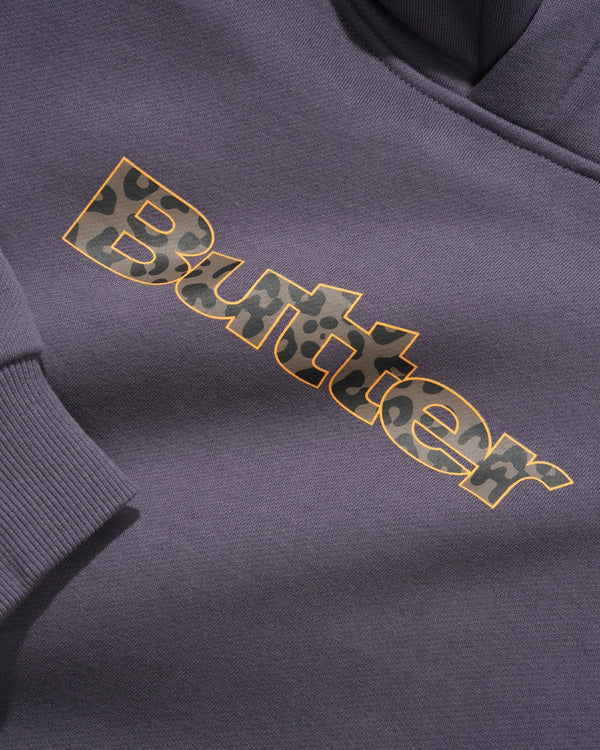 Butter Goods Leopard Print Logo Pullover Hood, Lead Blue
