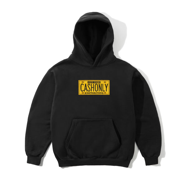 Cash Only License Plate Pullover Hood, Black