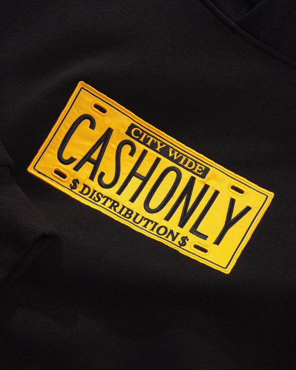 Cash Only License Plate Pullover Hood, Black
