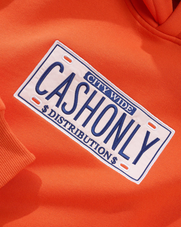 Cash Only License Plate Pullover Hood, Tangerine