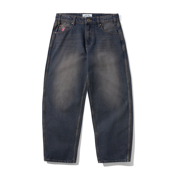 Cash Only Logo Baggy Denim Jeans, Dark Navy Wash