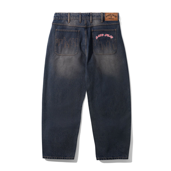 Cash Only Logo Baggy Denim Jeans, Dark Navy Wash