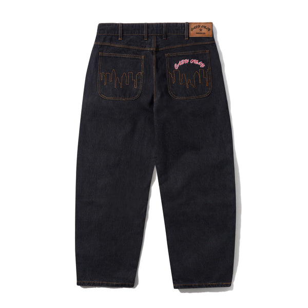 Cash Only Logo Baggy Denim Jeans, Washed Black