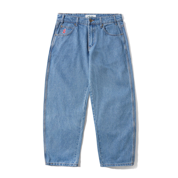 Cash Only Logo Baggy Denim Jeans, Washed Indigo