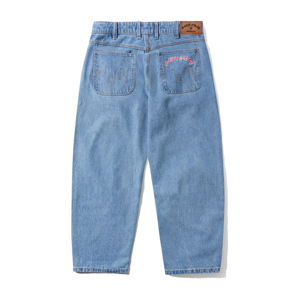Cash Only Logo Baggy Denim Jeans, Washed Indigo