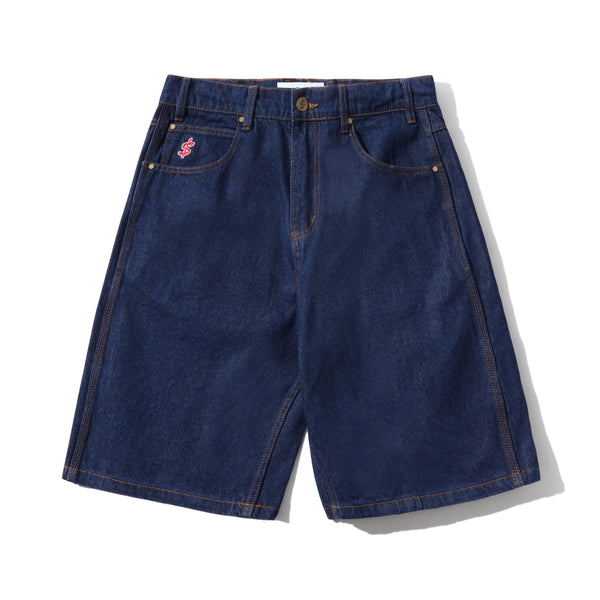 Cash Only Logo Denim Shorts, Raw Indigo