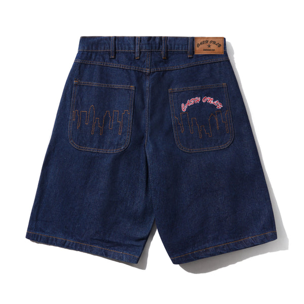 Cash Only Logo Denim Shorts, Raw Indigo