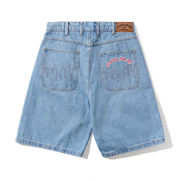Cash Only Logo Denim Shorts, Washed Indigo