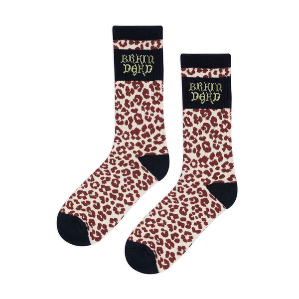 Brain Dead Paneled Logo Crew Socks, Maroon Leopard / Navy
