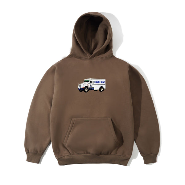 Cash Only Money Truck Pullover Hood, Brown