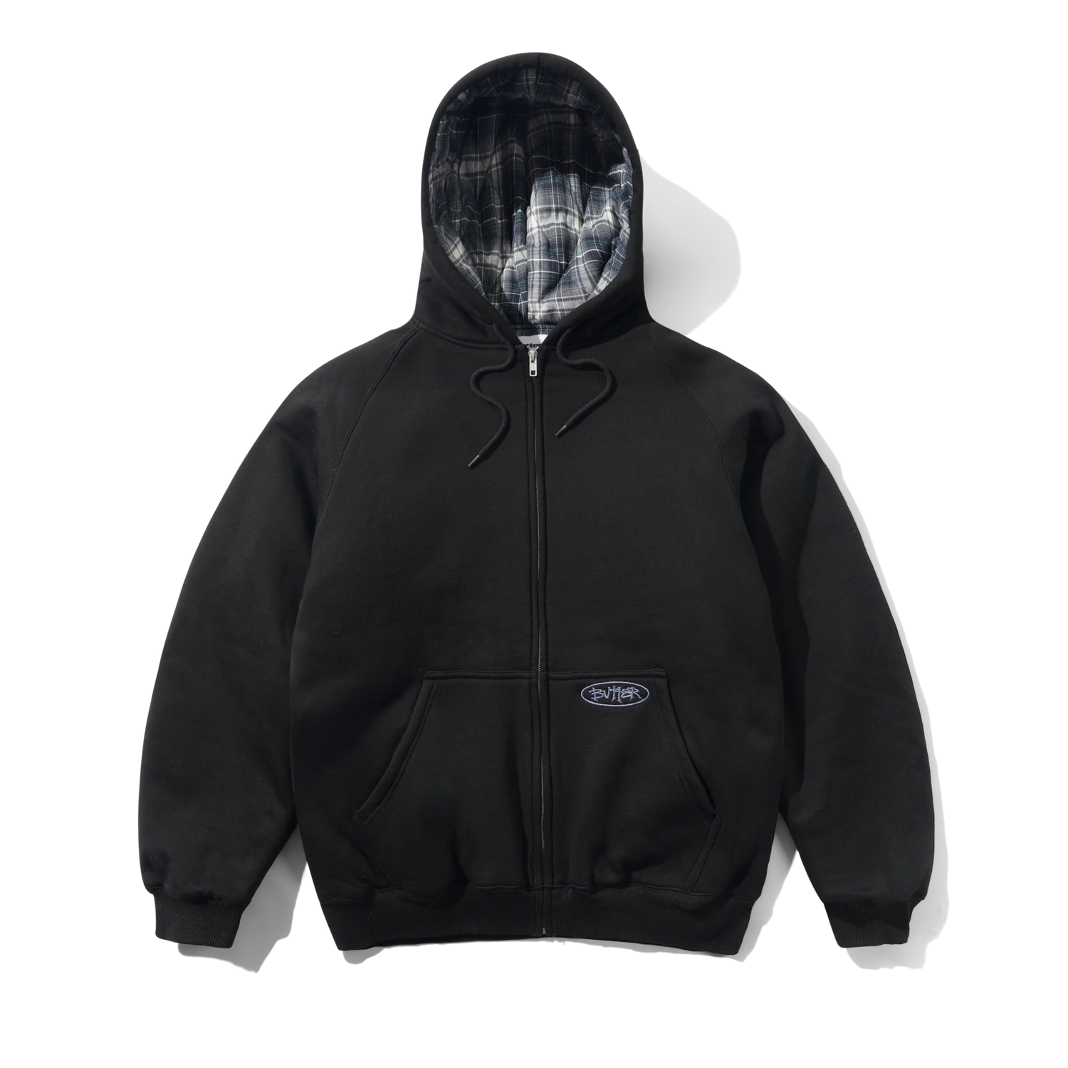 Plaid Lined Zip-Thru Hood, Black
