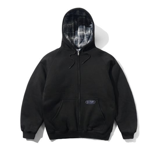 Plaid Lined Zip-Thru Hood, Black