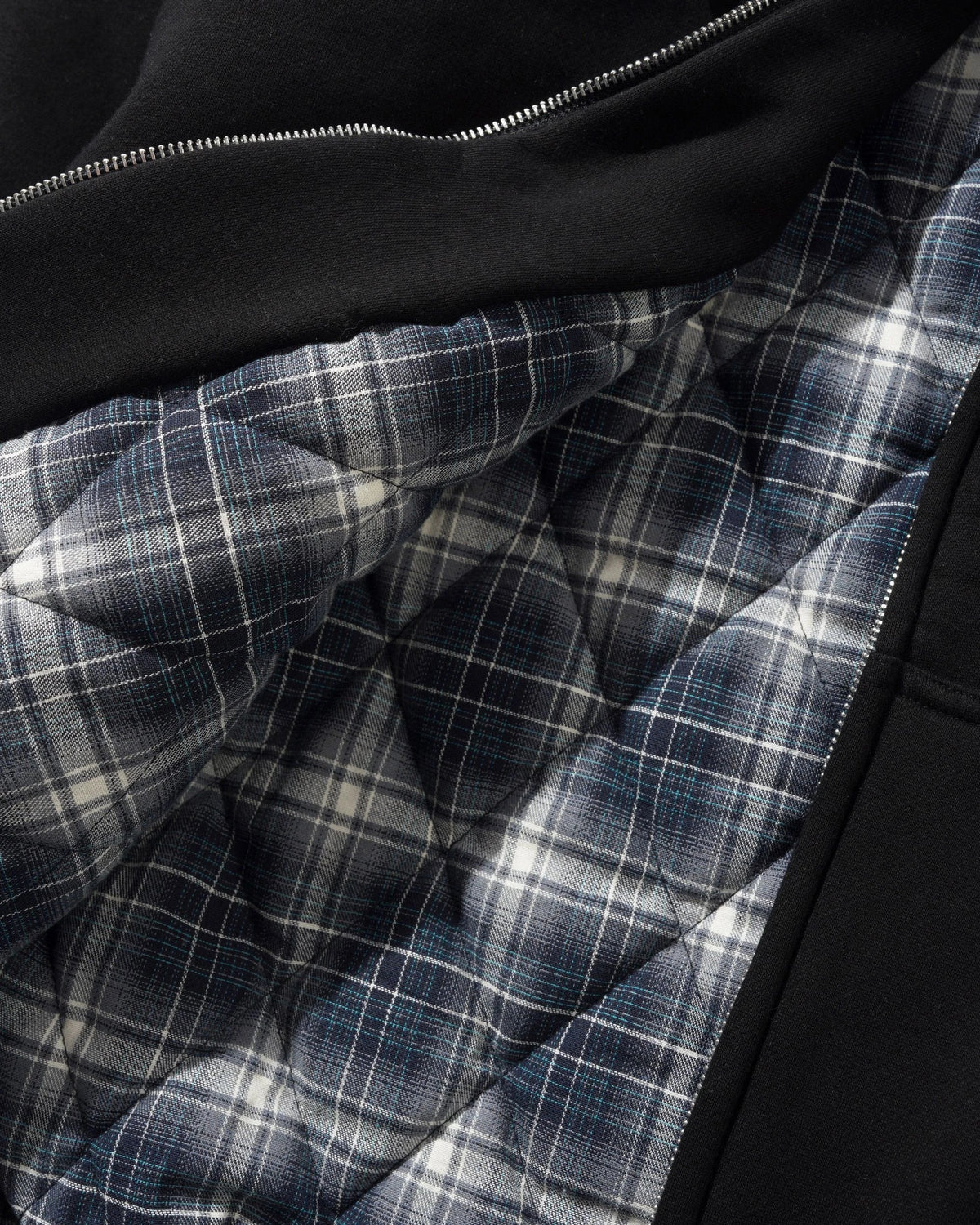 Plaid Lined Zip-Thru Hood, Black