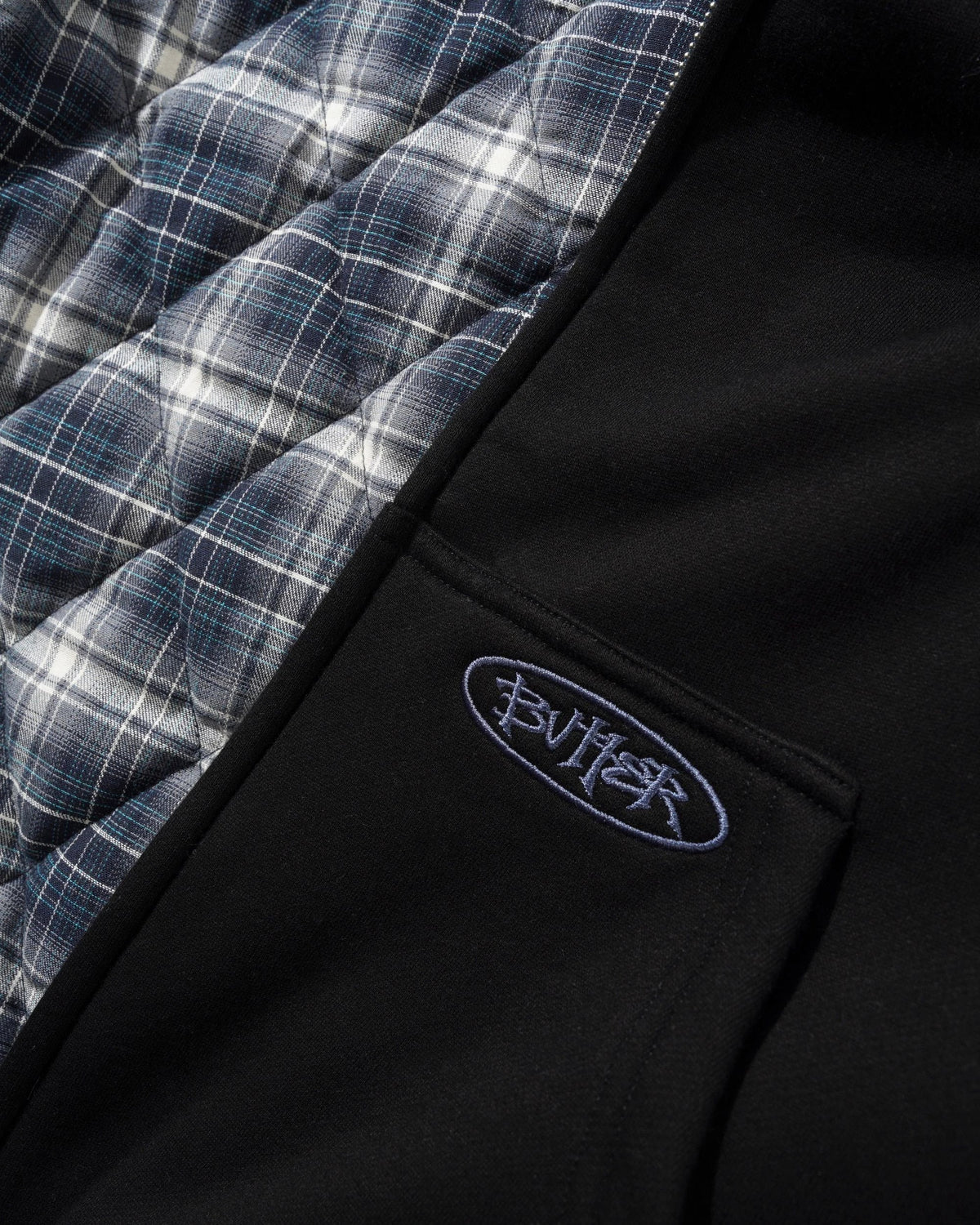 Plaid Lined Zip-Thru Hood, Black