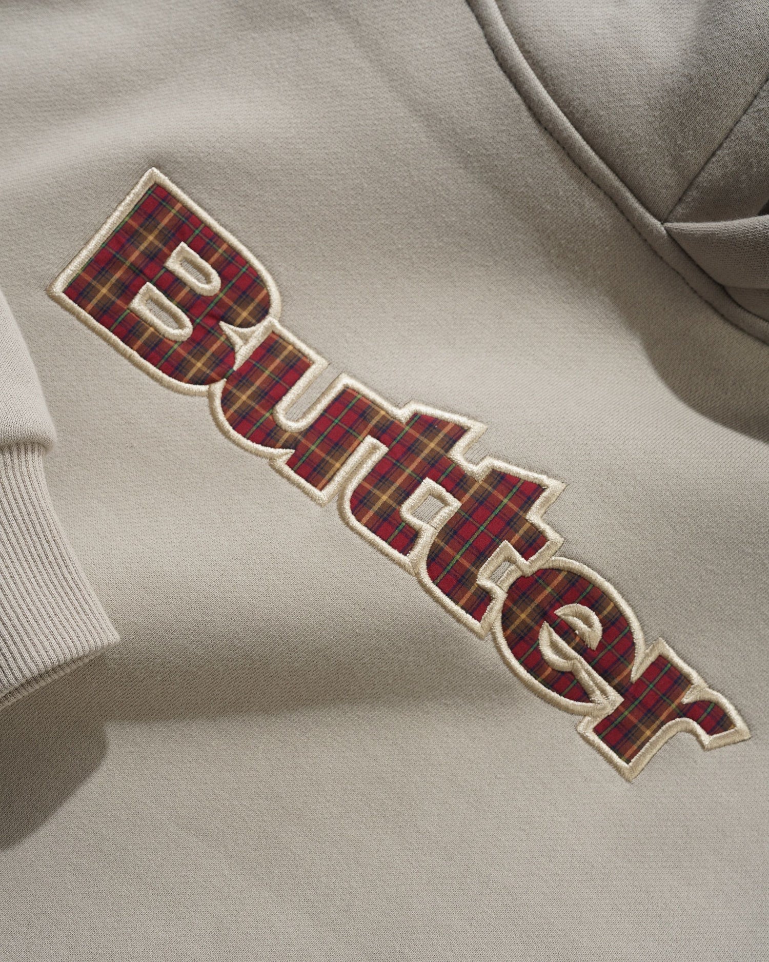 Plaid Logo Applique Pullover Hood, Taupe