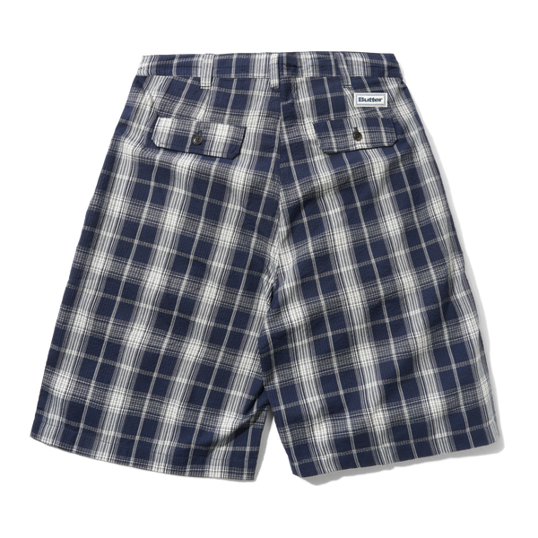 Butter Goods Pleated Shorts, Navy Plaid